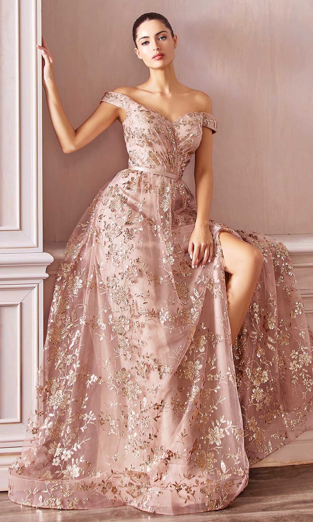 Cinderella Divine - CB069 Embellished Print Off Shoulder Gown In Pink