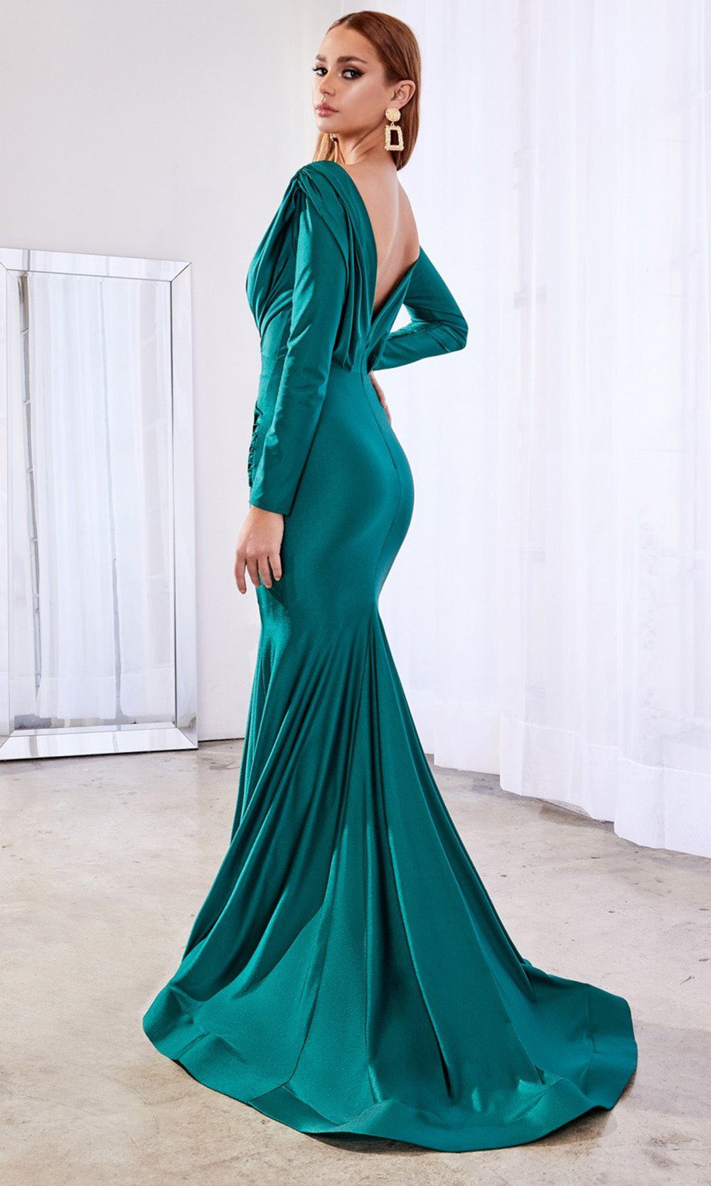 Ladivine - CD0168 Long Sleeve Jersey Gown In Green