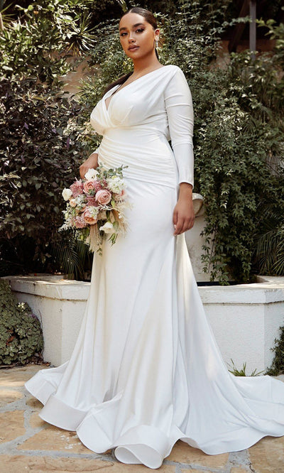 Ladivine - CD0169C Long Sleeve V Neck Bridal Dress In White