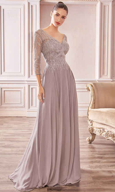 Cinderella Divine - CD0171 Sheer Jeweled Chiffon Gown In Brown