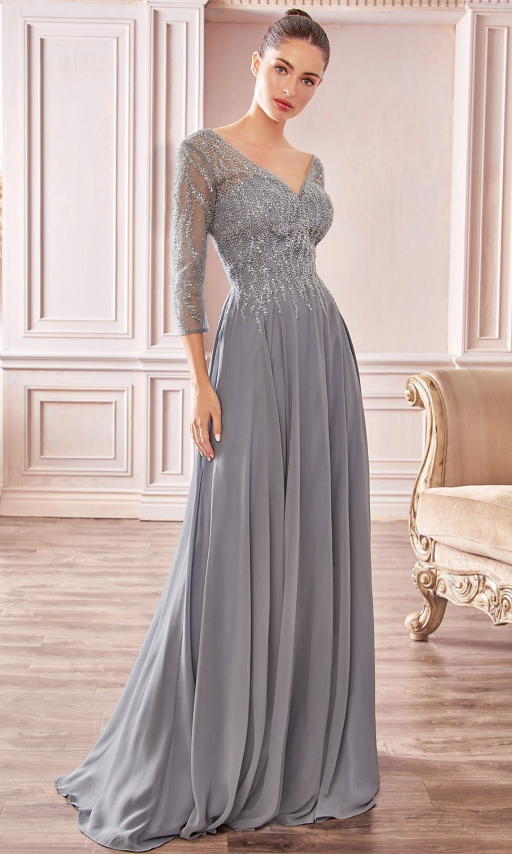 Cinderella Divine - CD0171 Sheer Jeweled Chiffon Gown In Silver and Gray