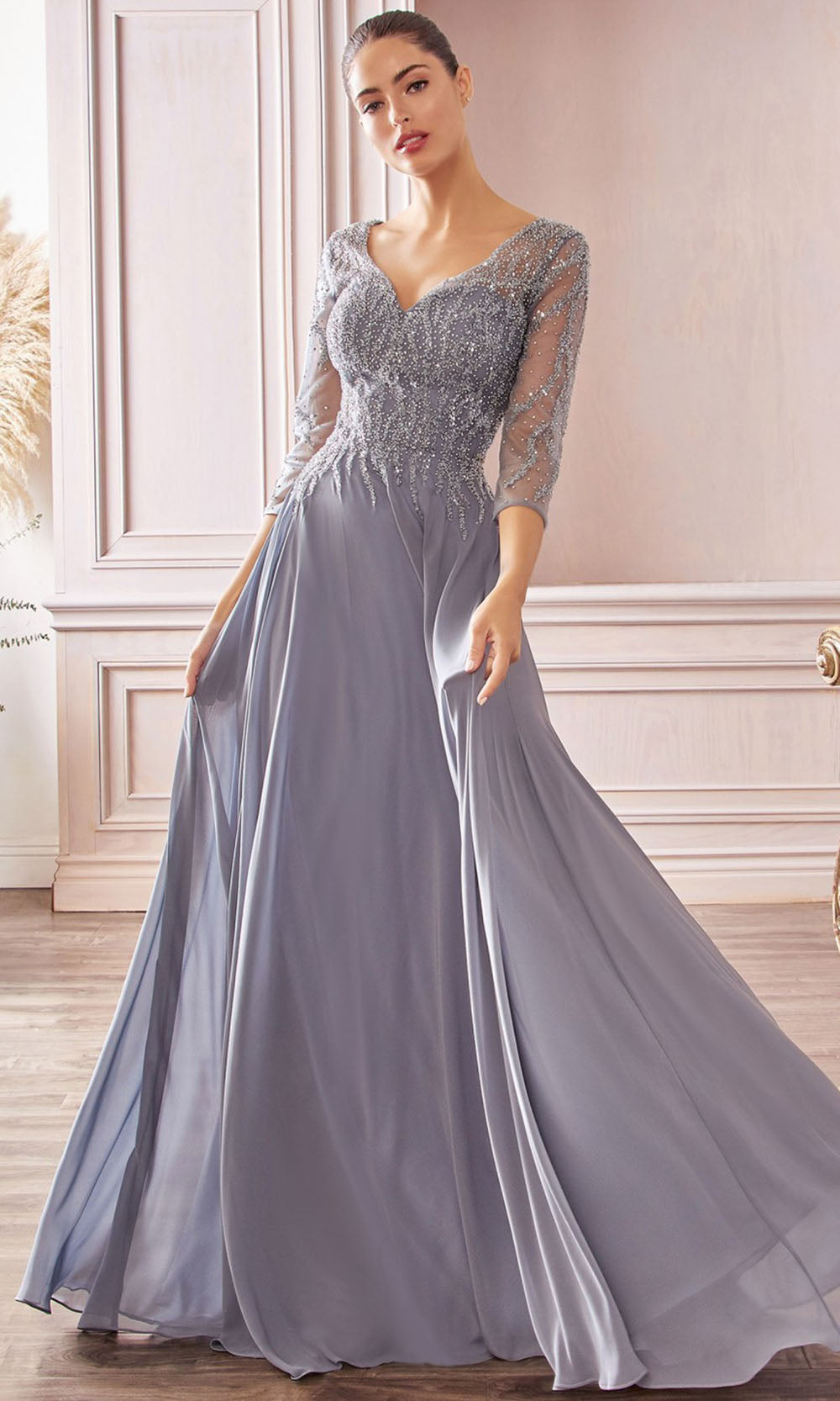 Cinderella Divine - CD0171 Sheer Jeweled Chiffon Gown In Silver and Gray