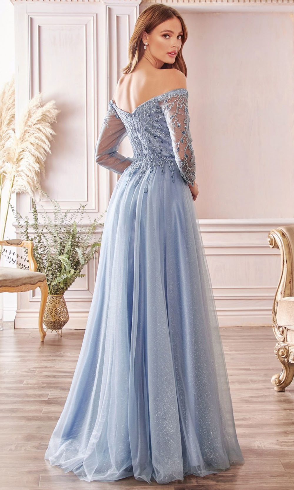 Cinderella Divine - CD0172 Beaded Long Sleeve Glitter Gown In Blue