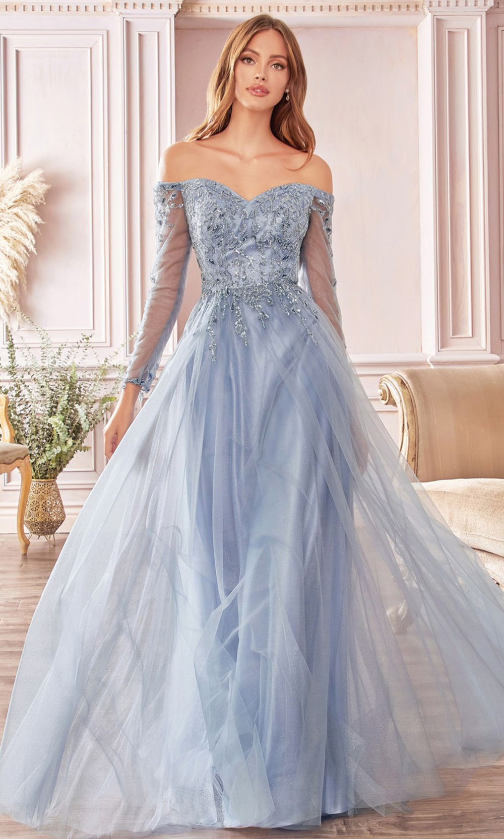 Ladivine - CD0172 Beaded Long Sleeve Glitter Gown In Blue