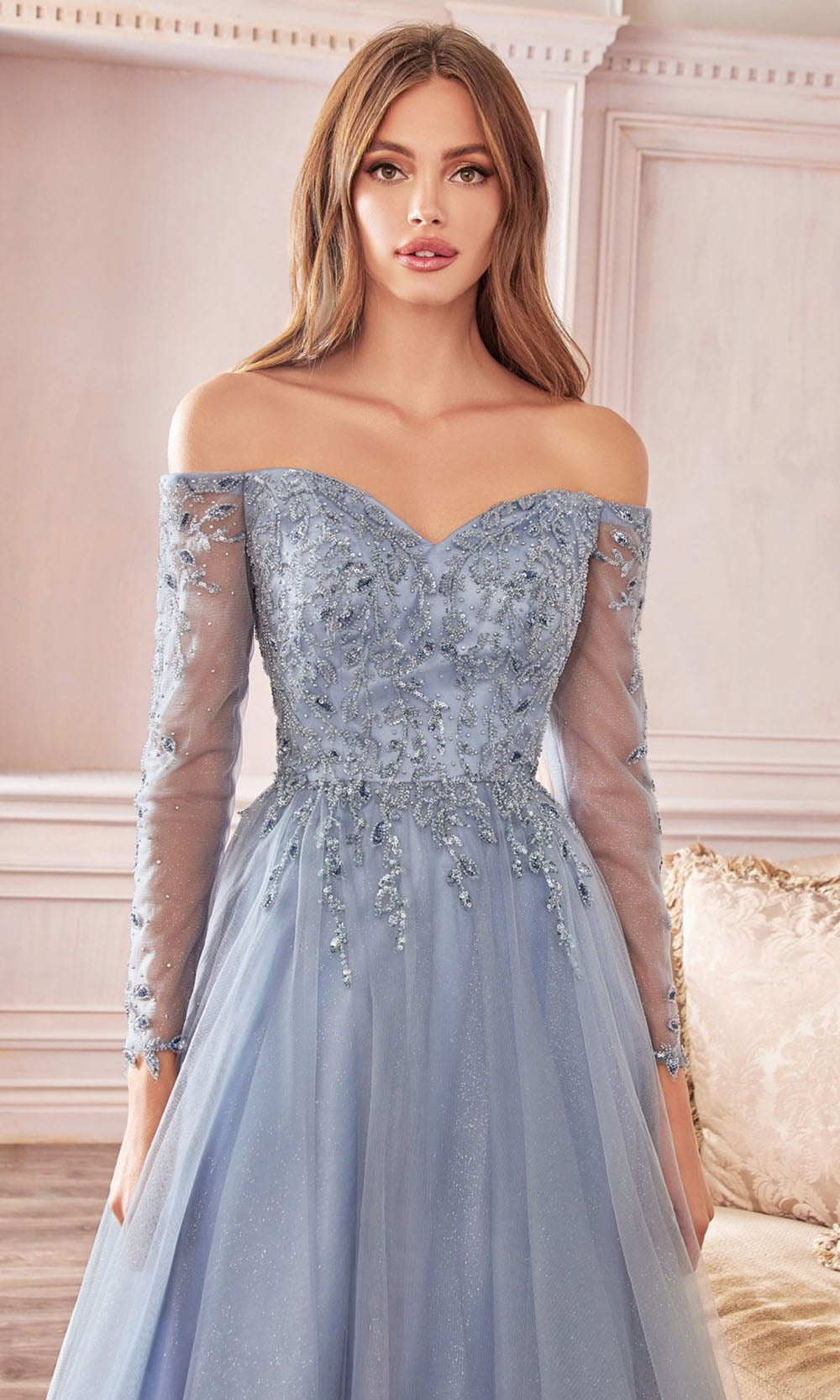 Ladivine - CD0172 Beaded Long Sleeve Glitter Gown In Smoky Blue