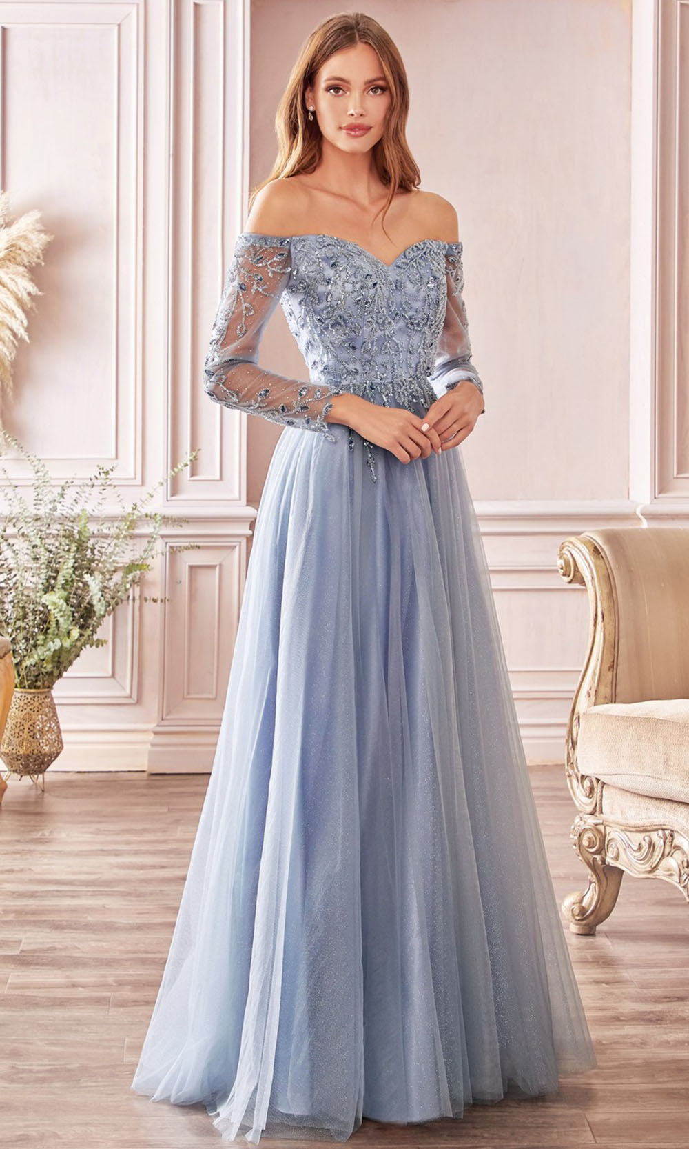 Ladivine - CD0172 Beaded Long Sleeve Glitter Gown In Smoky Blue