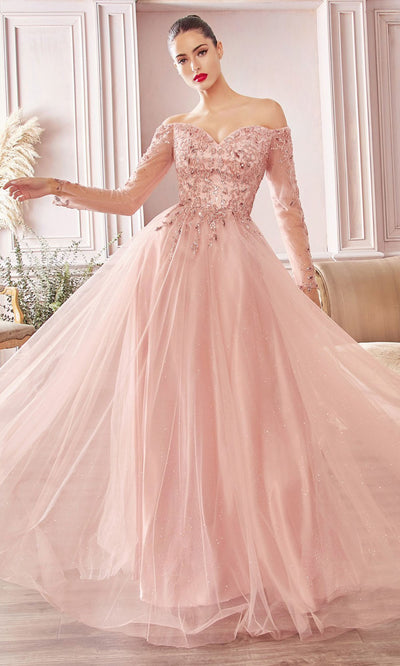 Cinderella Divine - CD0172 Beaded Long Sleeve Glitter Gown In Pink