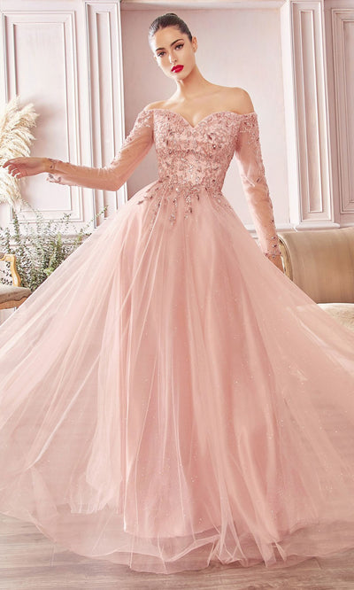 Ladivine - CD0172 Beaded Long Sleeve Glitter Gown In Pink