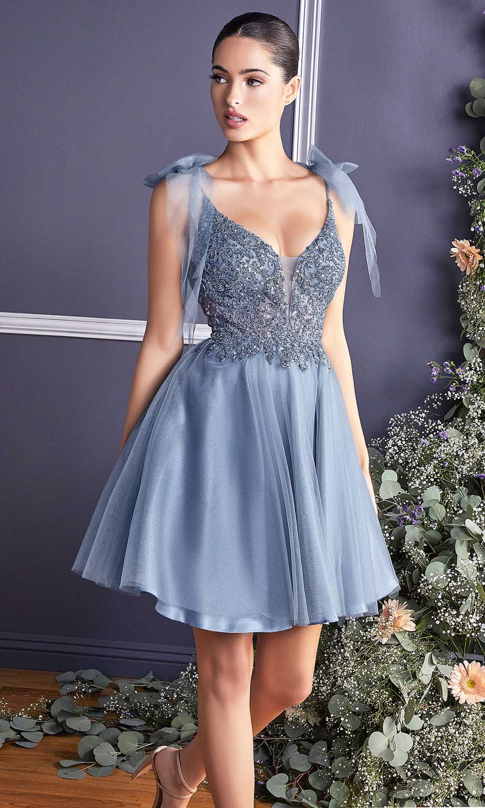 Cinderella Divine - CD0174 Bow Accented Beaded A-Line Dress In Blue