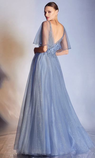 Cinderella Divine - CD0175 Sheer Flutter Sleeve Beaded Dress In Blue