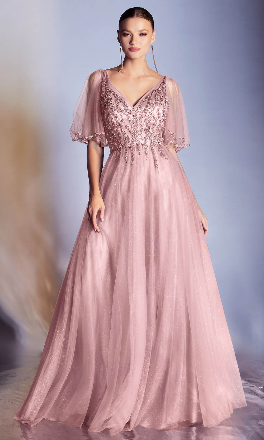 Cinderella Divine - CD0175 Sheer Flutter Sleeve Beaded Dress In Pink