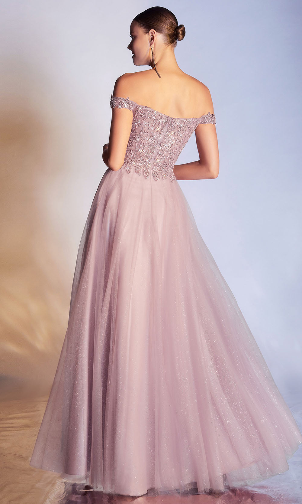 Cinderella Divine - CD0177 Off Shoulder Embellished Glitter Tulle Gown In Mauve