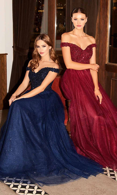 Cinderella Divine - CD0177 Off Shoulder Embellished Glitter Tulle Gown In Red and Blue