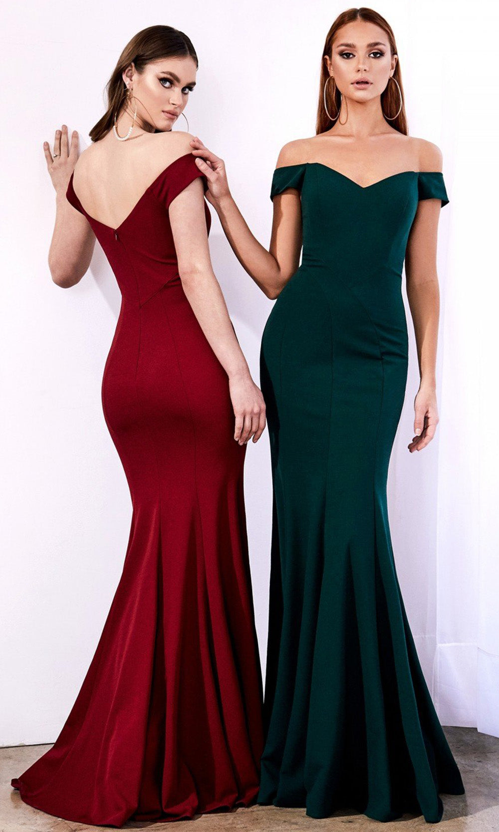 Cinderella Divine - CD711 Fitted Off Shoulder Mermaid Gown In Burgundy and Green