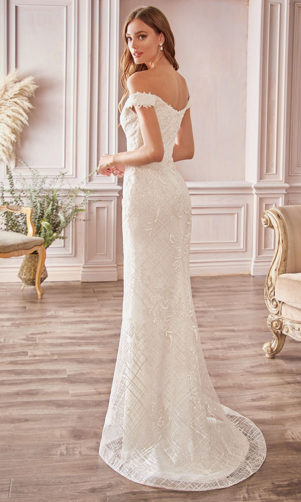 Ladivine - CD929 Embroidered Off Shoulder Bridal Gown In White
