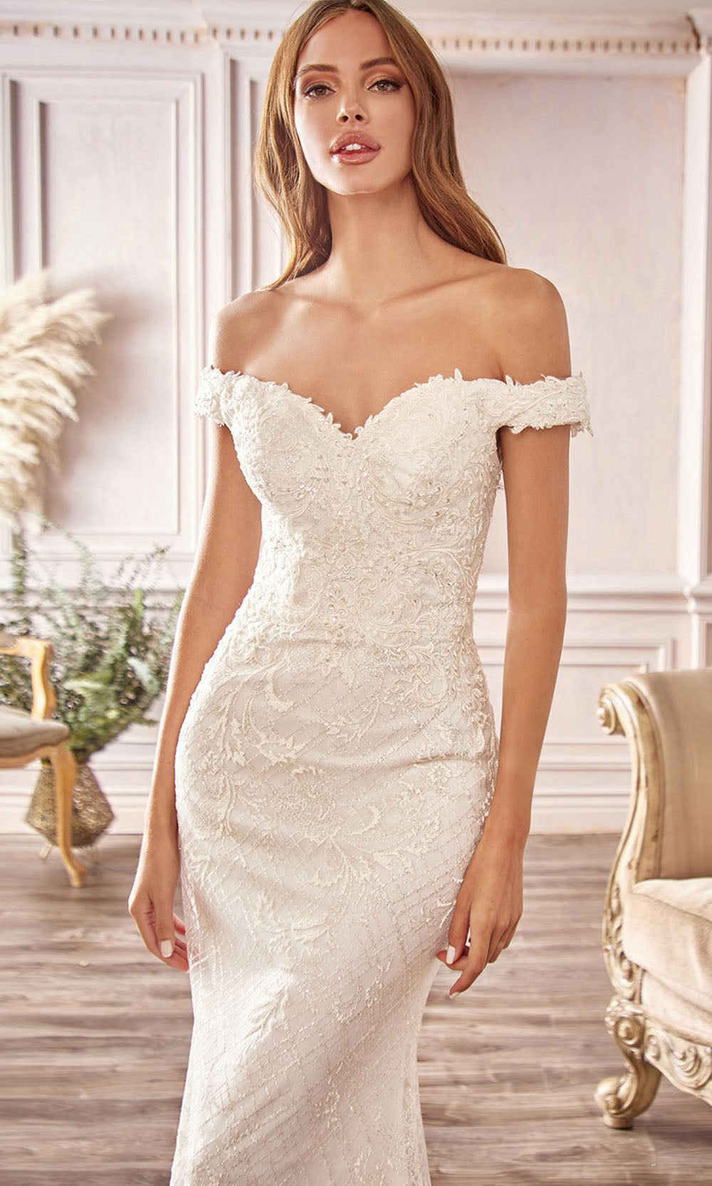 Cinderella Divine - CD929 Embroidered Off Shoulder Bridal Gown In White