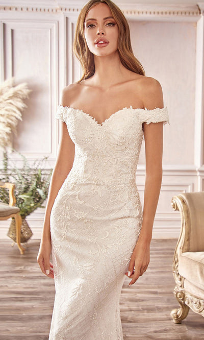 Ladivine - CD929 Embroidered Off Shoulder Bridal Gown In White