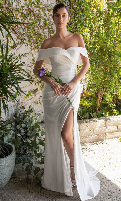 Ladivine - CD930 Off Shoulder Slit Smooth Bridal Dress In White