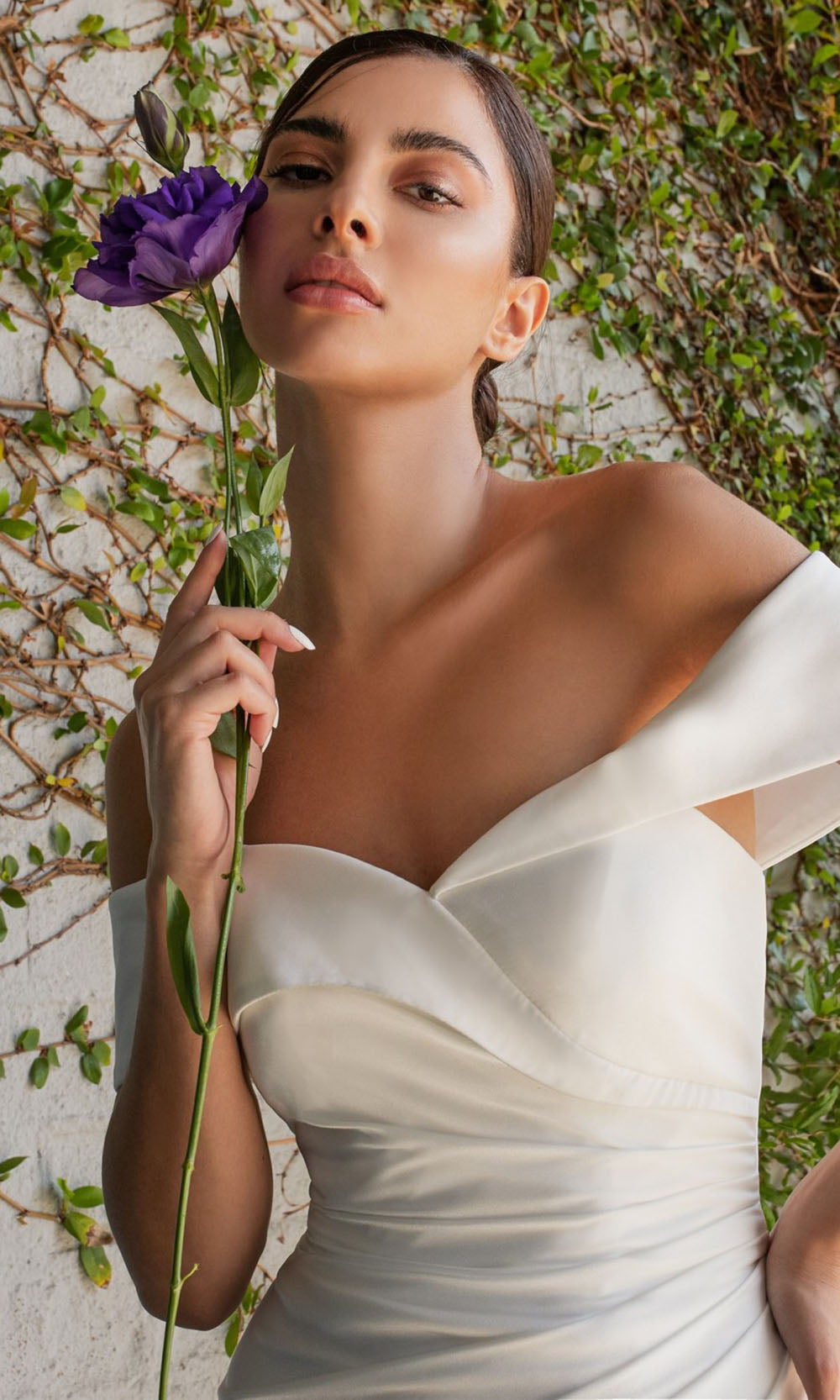 Ladivine - CD930 Off Shoulder Slit Smooth Bridal Dress In White