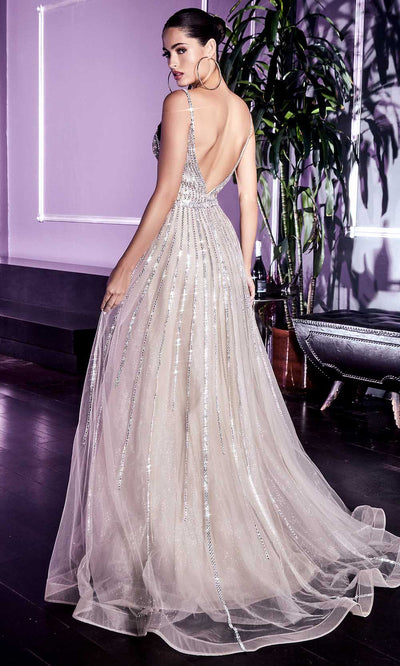 Cinderella Divine - CD940 Long Beaded A-Line Tulle Dress In Silver and Gray