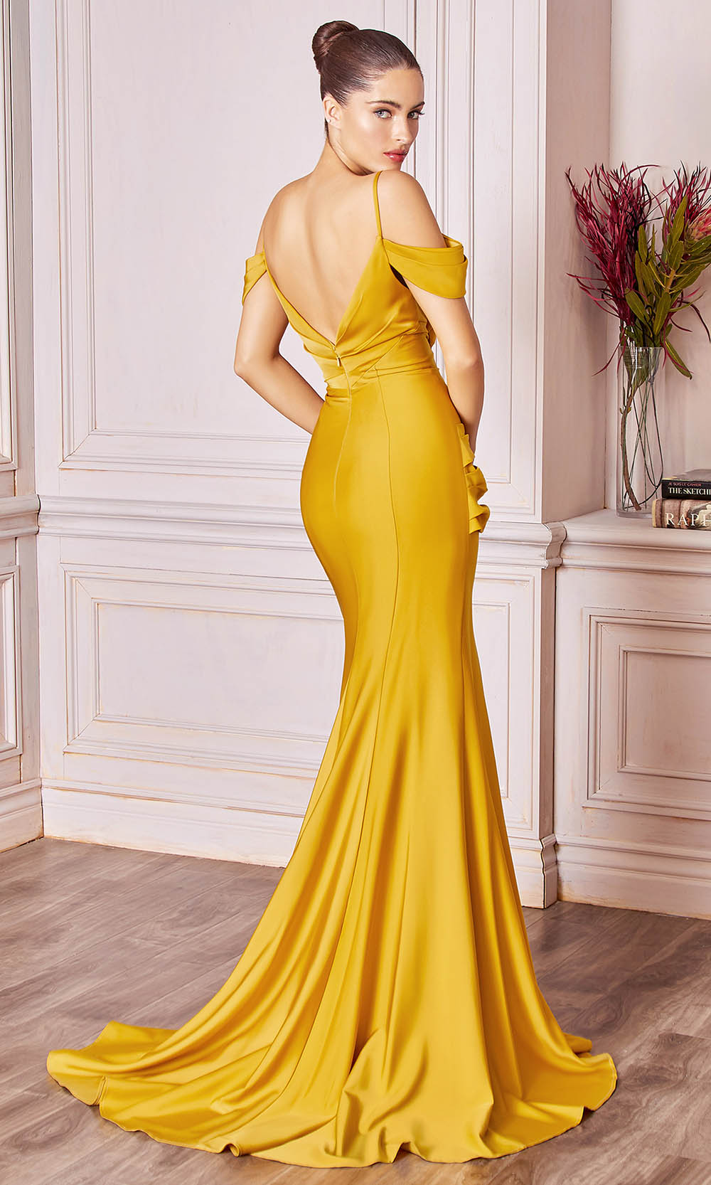 Ladivine - CD942 Cold Shoulder High Slit Sheath Gown In Yellow