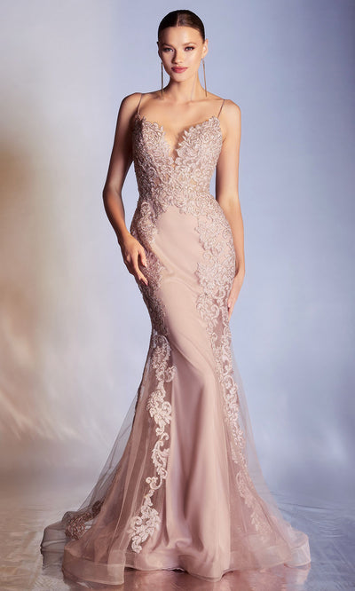 Cinderella Divine - CD945 Thin Strapped Embellished Long Gown In Pink and Neutral