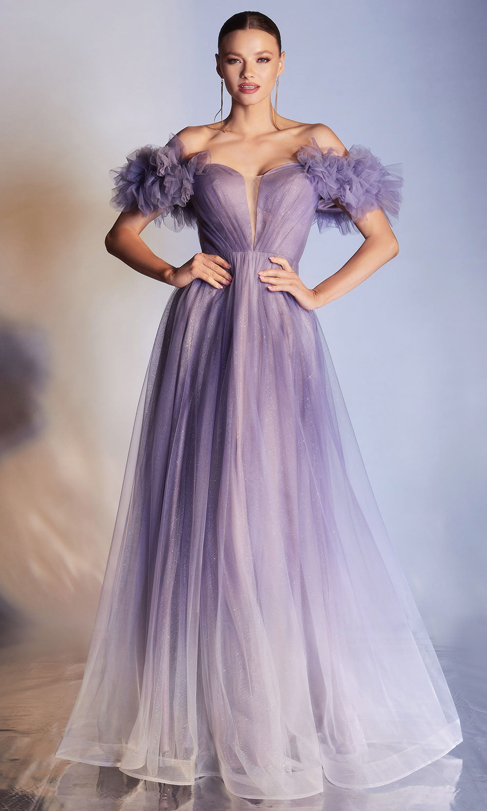 Cinderella Divine - CD949 Ruffled Off Shoulder Ombre Dress In Purple