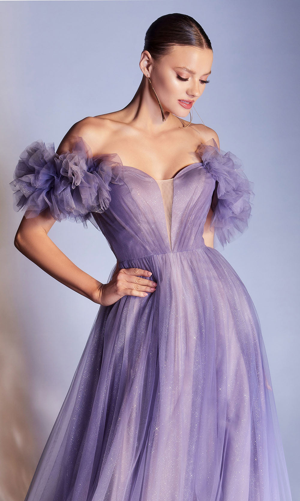 Cinderella Divine - CD949 Ruffled Off Shoulder Ombre Dress In Purple