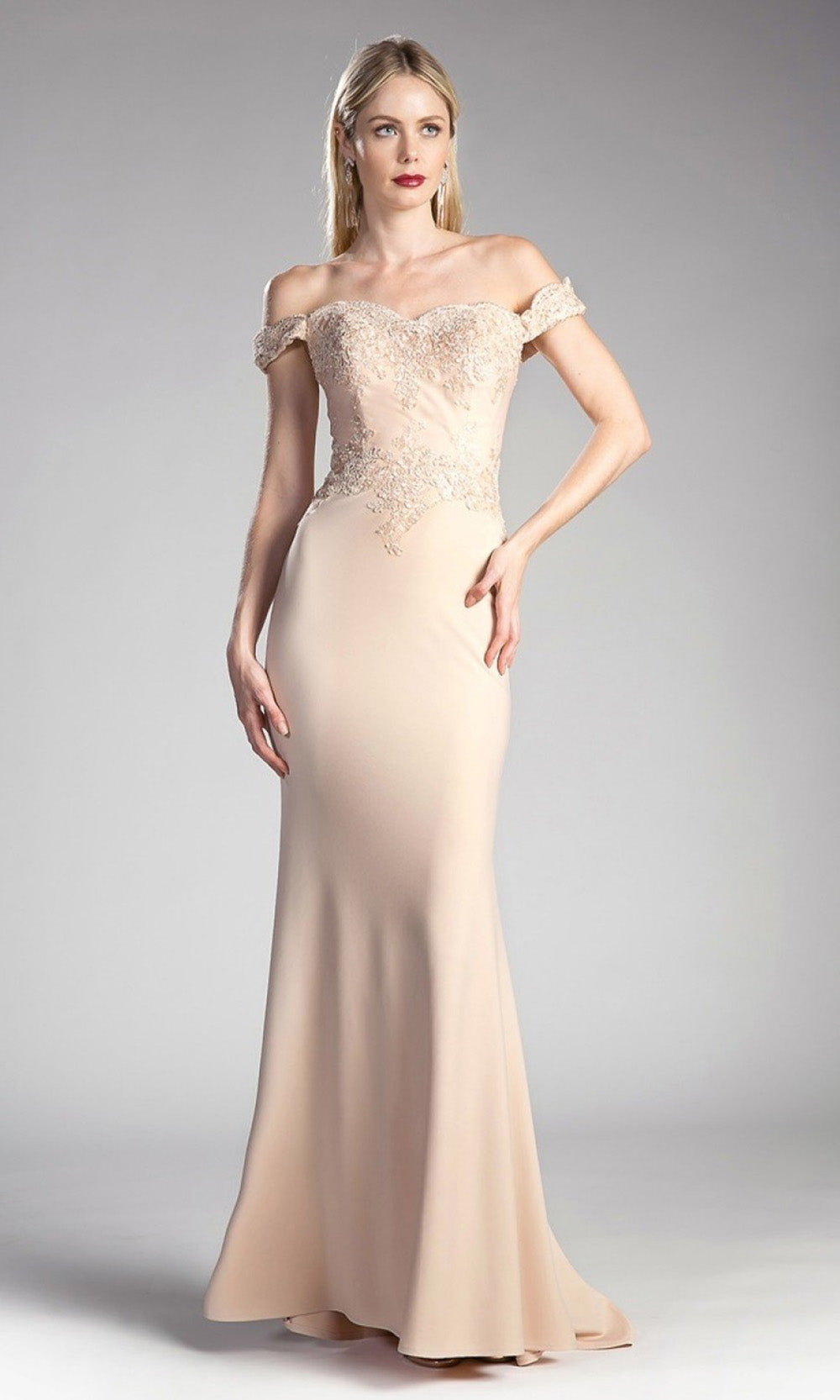 Cinderella Divine - CF158 Off Shoulder Lace Mermaid Gown In Champagne & Gold