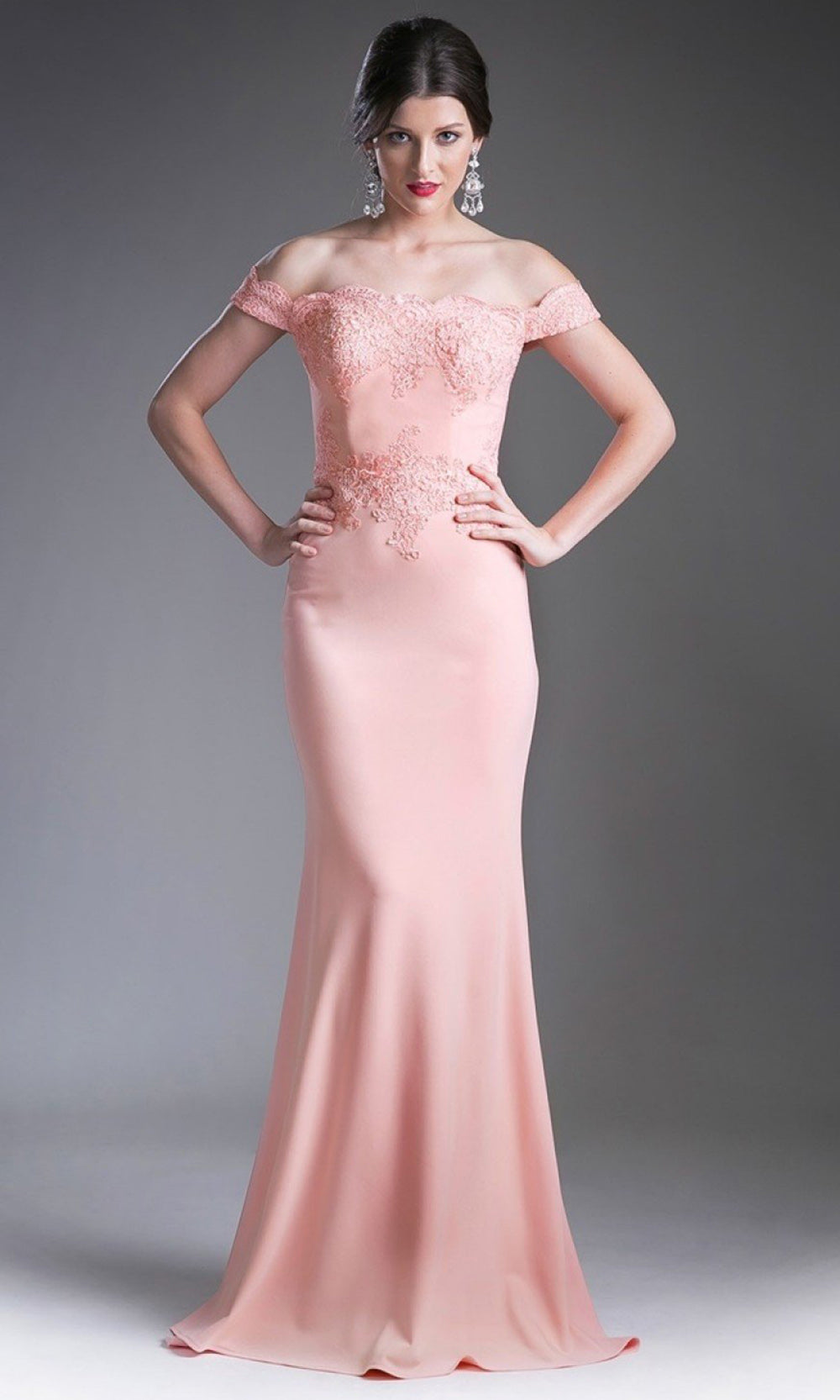 Cinderella Divine - CF158 Off Shoulder Lace Mermaid Gown In Pink