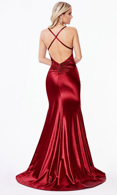 Ladivine - CH236 Pleated Satin Mermaid Gown In Red