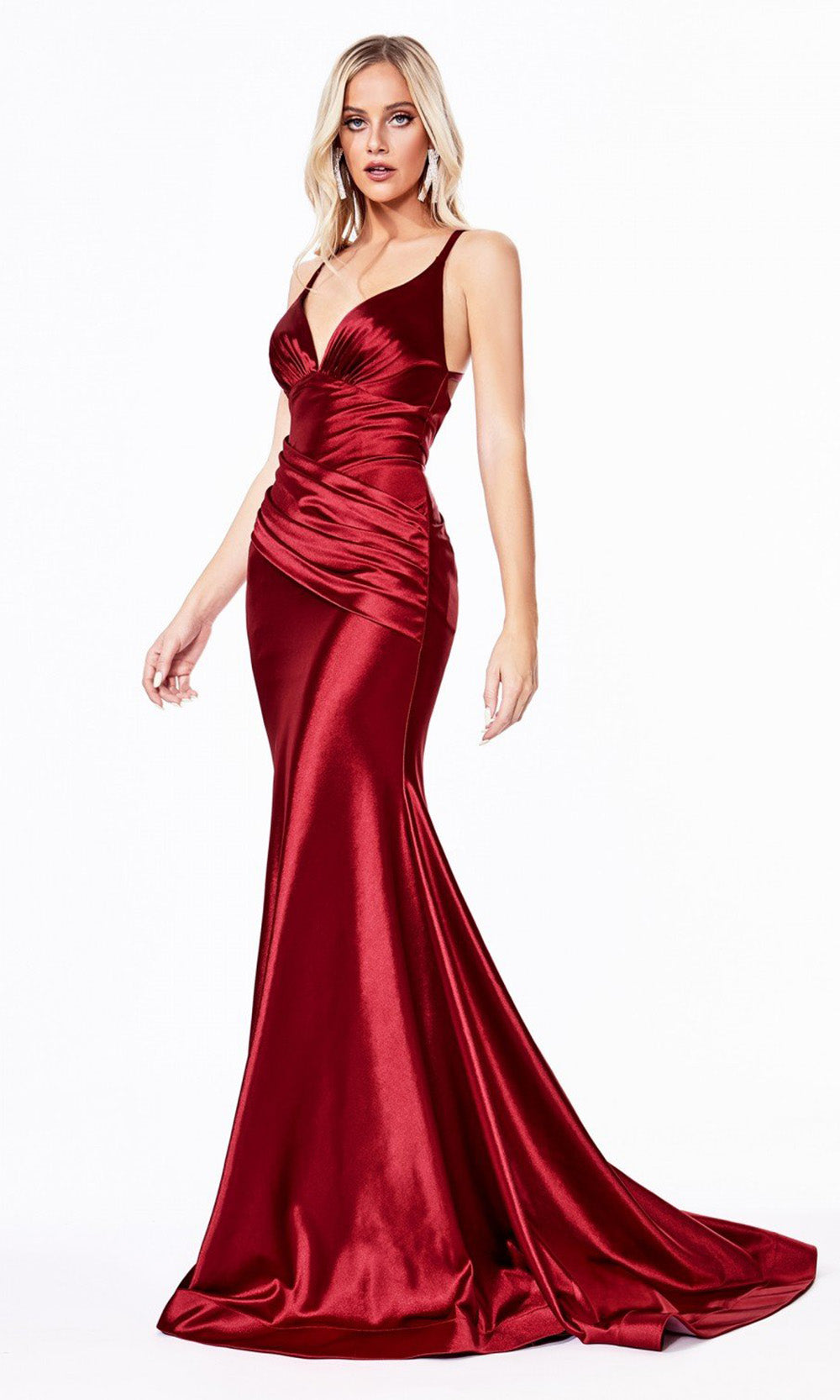 Cinderella Divine - CH236 Pleated Satin Mermaid Gown In Red