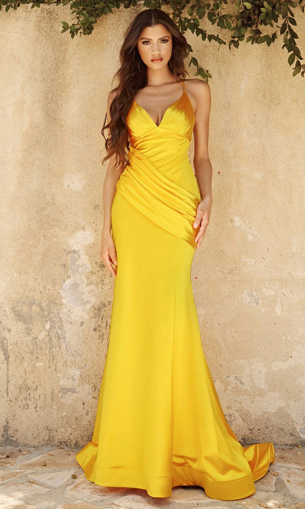 Cinderella Divine - CH236 Pleated Satin Mermaid Gown In Yellow