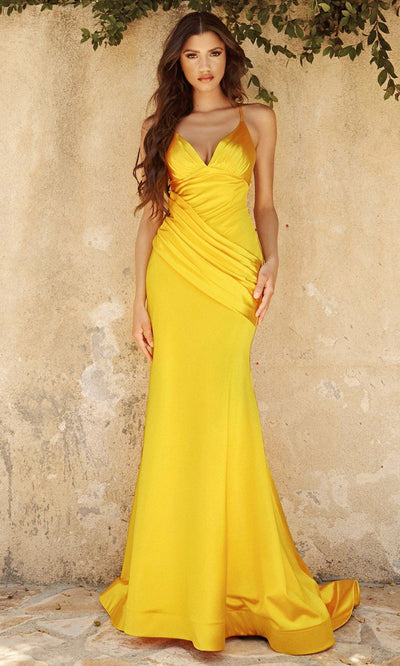 Ladivine - CH236 Pleated Satin Mermaid Gown In Yellow