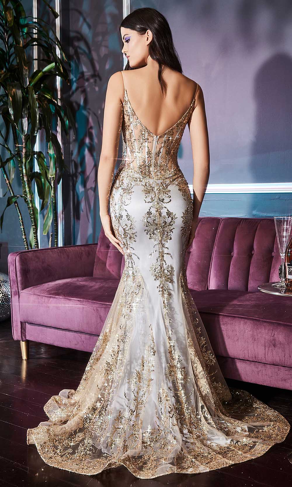 Ladivine - J810 Embellished Corset Bodice Mermaid Gown In Champagne and Gold