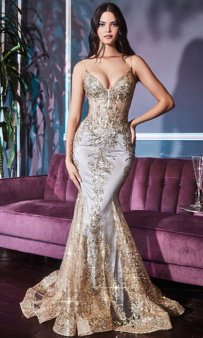 Ladivine - J810 Embellished Corset Bodice Mermaid Gown In Champagne and Gold