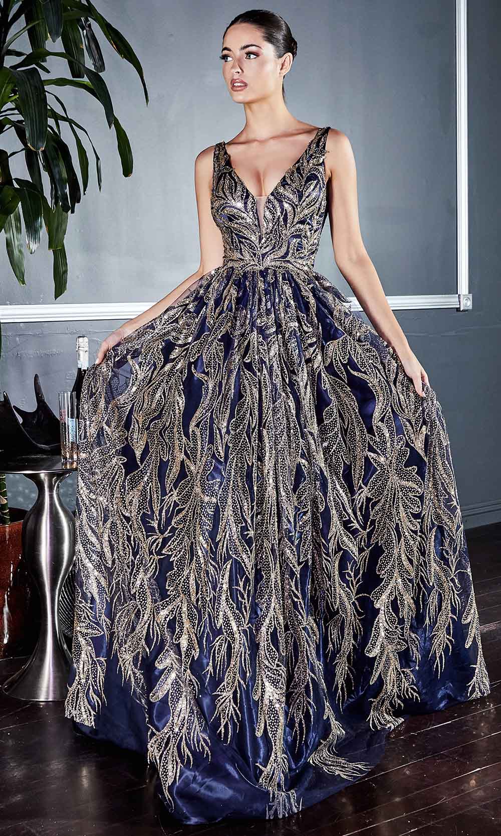 Ladivine - J812 Glitter Embellished A-Line Gown In Blue and Gold