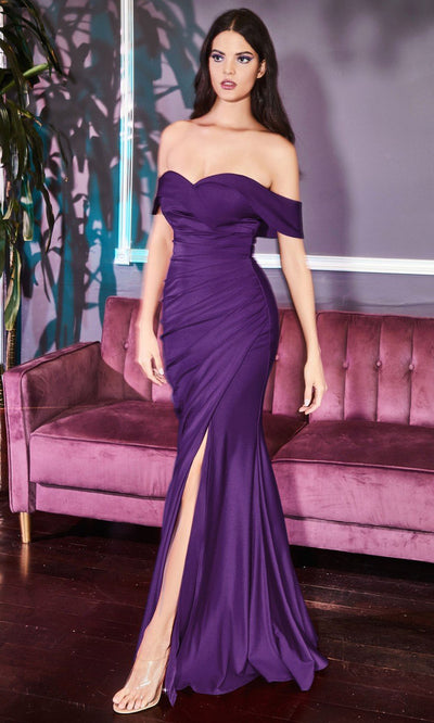 Ladivine - KV1050 Off Shoulder High Slit Gown In Purple