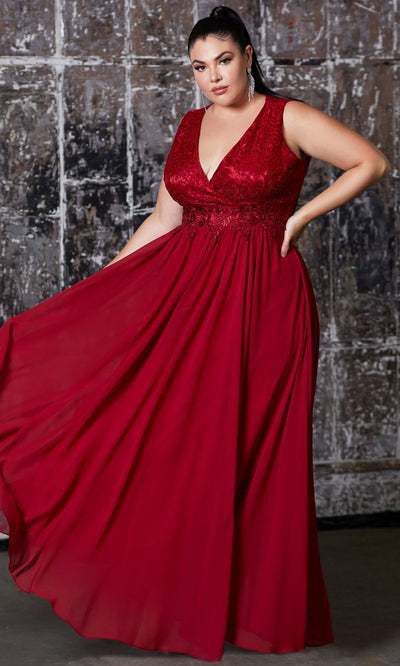 Cinderella Divine - S7201 Lace Bodice A-Line Gown In Red
