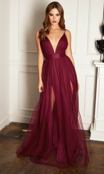Ladivine - SE005P Plunging Tulle High Slit Gown In Burgundy