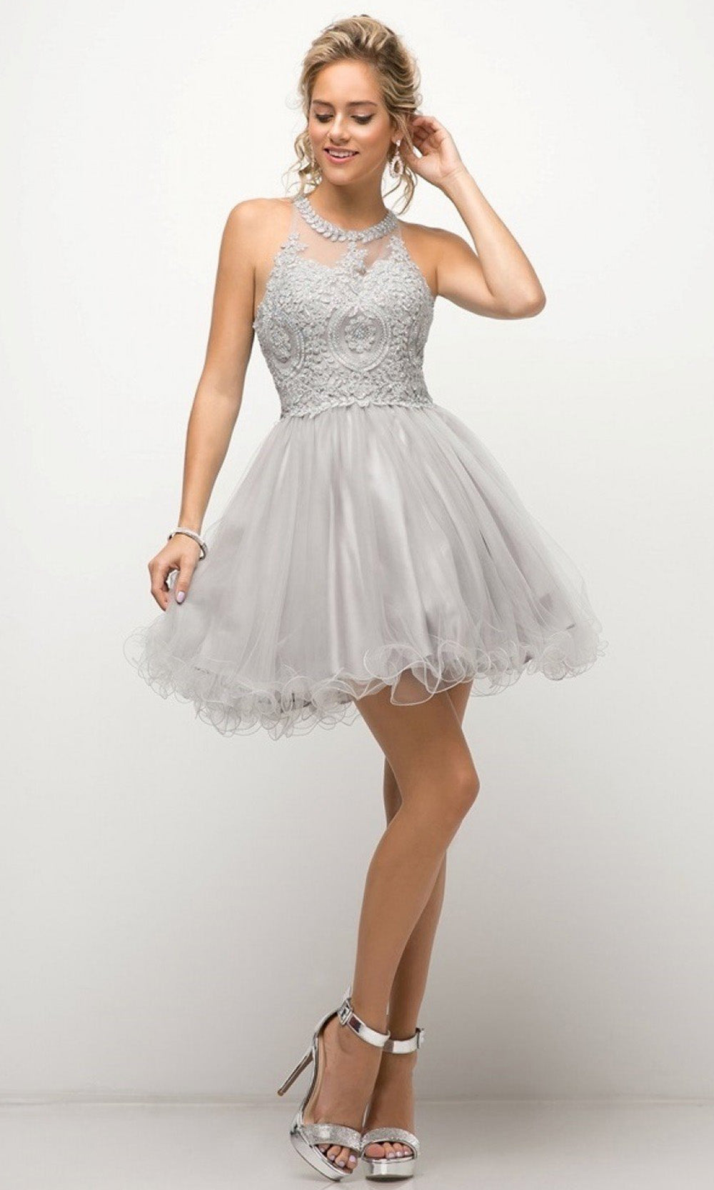 Cinderella Divine - UJ0119 Applique Strappy Back Dress In Silver & Graygrade 8 grad dresses, graduation dresses