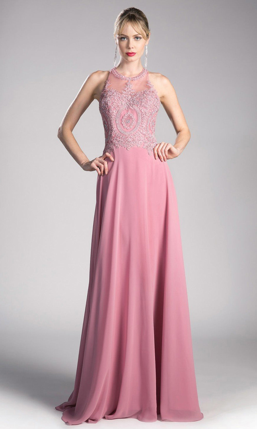Cinderella Divine - UJ0120 Illusion Applique A-Line Gown In Pink