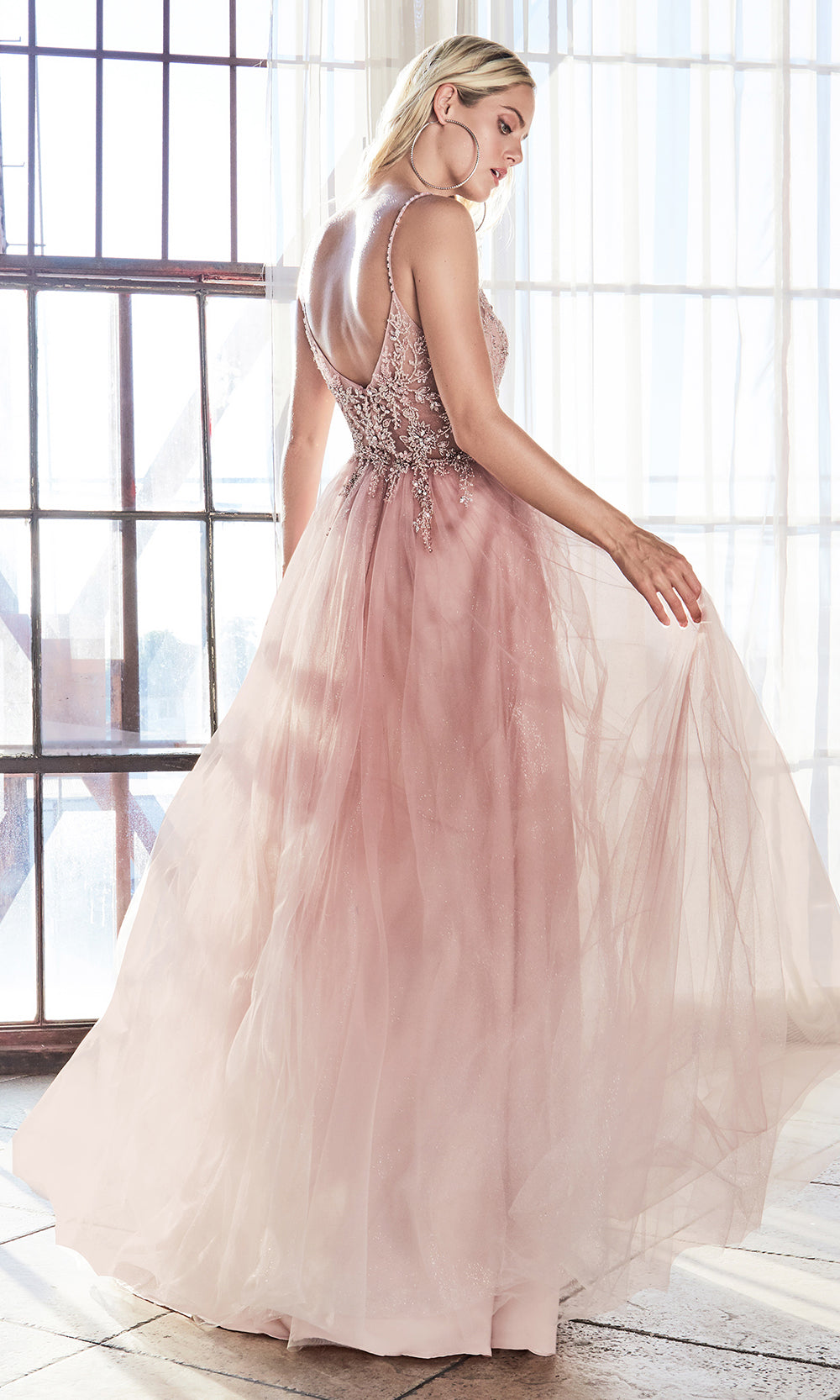 Cinderella Divine AM321 long blush pink flowy dress w/lace & strap. Light pink full length flowy evening dress is perfect for black tie event, prom, indowestern gown, wedding reception/engagement dress, formal wedding guest dress-B.Plus sizes avail.jpg