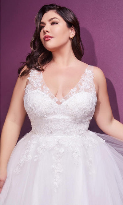 Cinderella Divine Bridals - 9178WC Illusion Strap Floral Tulle Gown In White