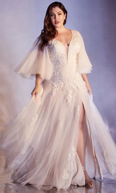 Cinderella Divine Bridals - CB070C Tulle Bell Sleeve Embroidered Gown In White