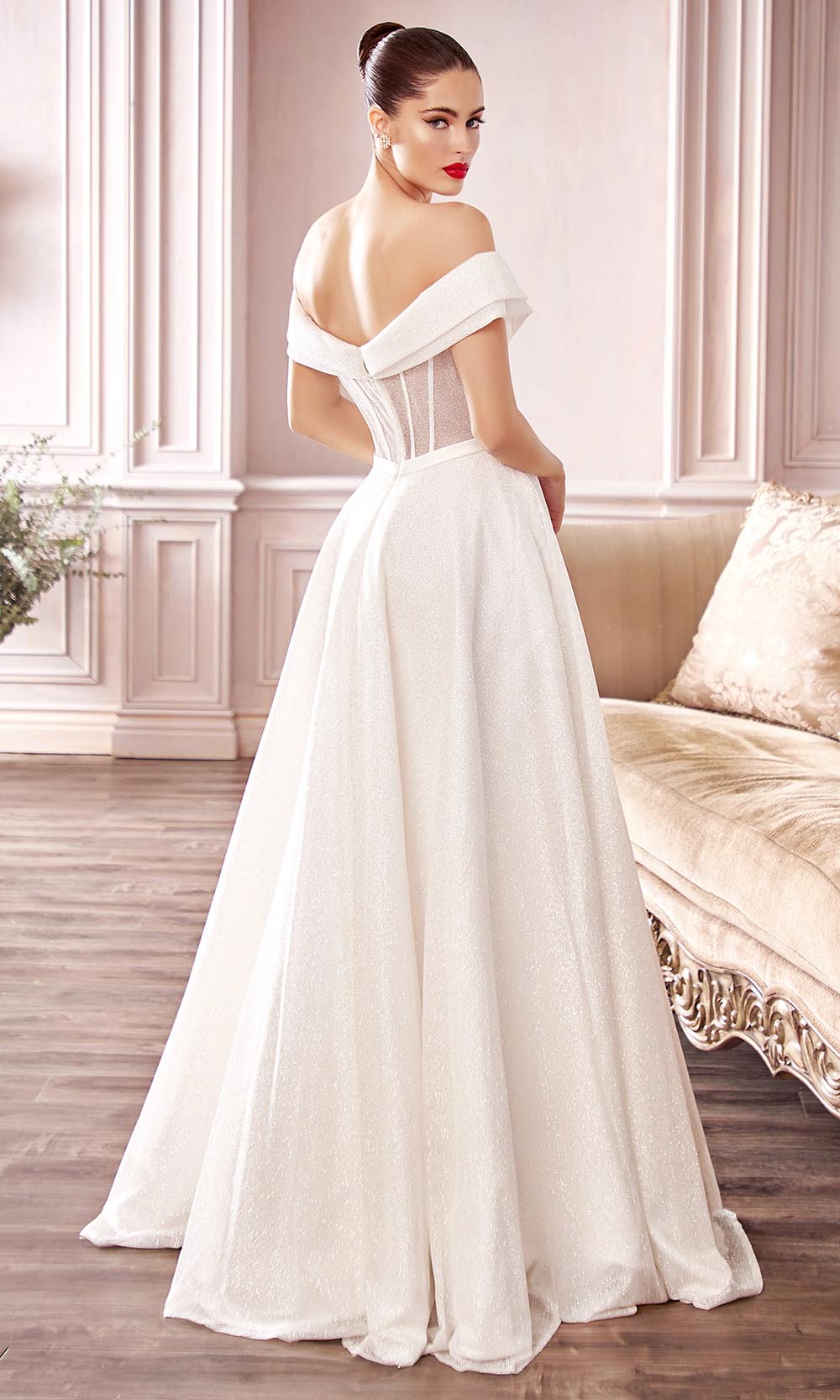 Cinderella Divine Bridals - CD214W Off Shoulder Glitter Bridal Gown In White