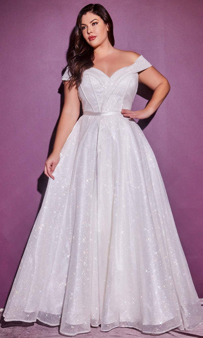 Cinderella Divine Bridals - CD214W Off Shoulder Glitter Bridal Gown In White