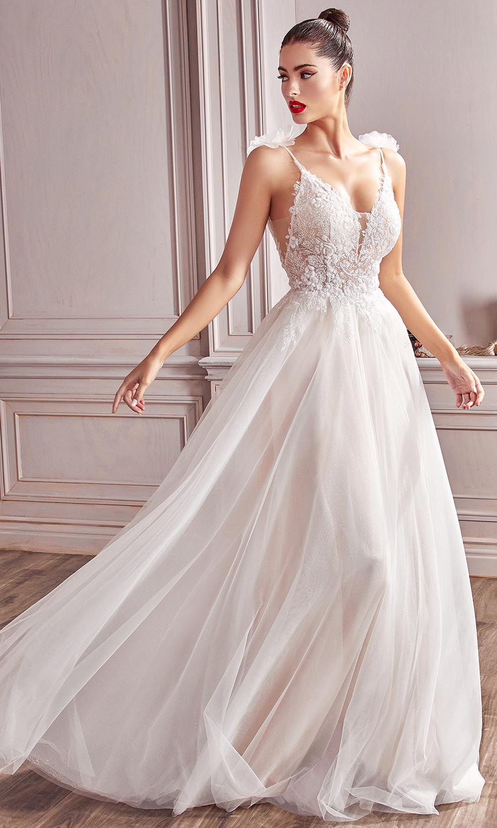 Cinderella Divine Bridals - CD215W Floral Embroidered Bridal Gown In White