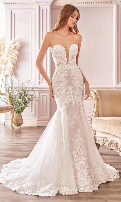 Cinderella Divine Bridals - CD928 Plunging Sweetheart Lace Bridal Gown In Ivory and White