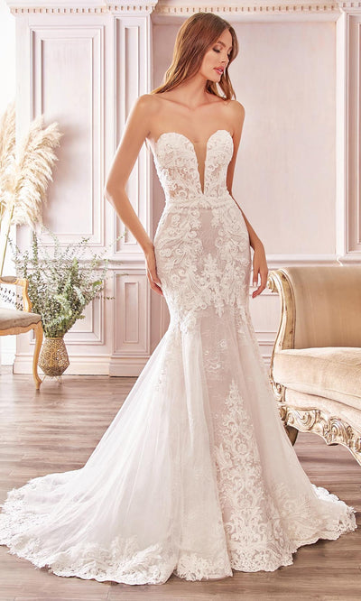 Ladivine Bridals - CD928 Plunging Sweetheart Lace Bridal Gown In Ivory and White